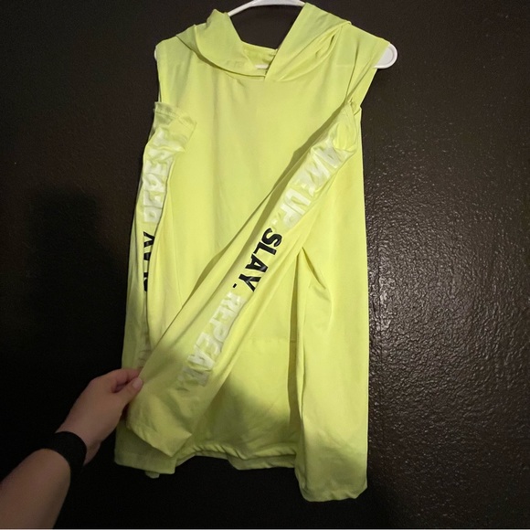 Bright Yellow Long Sleeve Top with Hoodie & Pocket, Open Shoulder, Size 4X - Picture 4 of 6